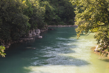 A view of a river flowing through the forest inn Betlemi canyon, Georgia.