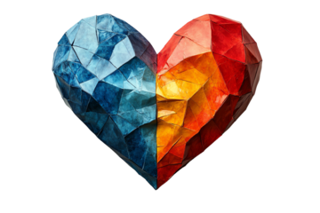 A vibrant, geometric heart illustration blending blue and red, symbolizing love and unity on a white background.