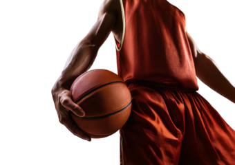 close-up of basketball player dribbling the ball, ready to make a shot isolated on transparent or white background