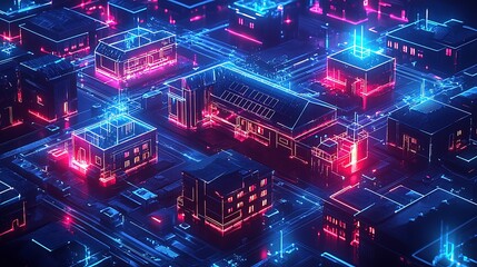 Obraz premium Neon-lit futuristic cityscape, digital rendering.