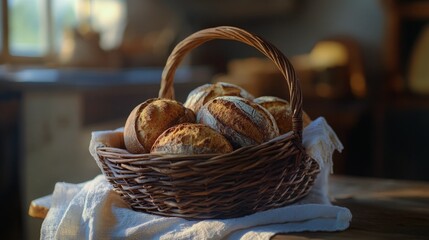 Obraz premium Warm, crusty artisan bread in a rustic basket. Golden hues and rustic charm.