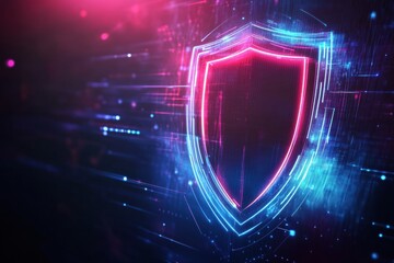 Futuristic security design featuring a glowing shield symbol in a digital landscape with neon lights and advanced technology elements