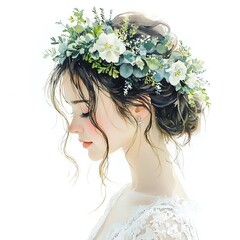 Naklejka premium Serene Bride with Floral Crown Watercolor Painting of Elegant Woman.