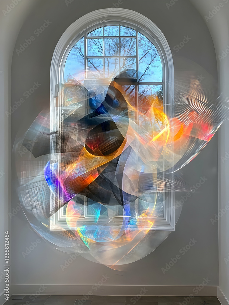Poster abstract colorful light projection art installation in a room with a window