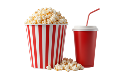 Get ready for movie night with this classic combo of popcorn and a refreshing drink, perfect for sharing transparent background