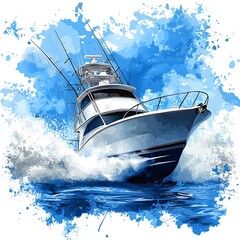 Sport Fishing Boat Cutting Through Ocean Waves A Dynamic Illustration.