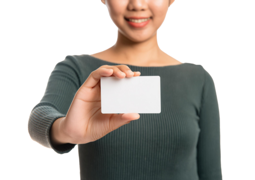 Closeup empty female hand holding invisible business card isolated on transparent or white background