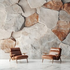 Modern leather armchairs in a room with a stone wall