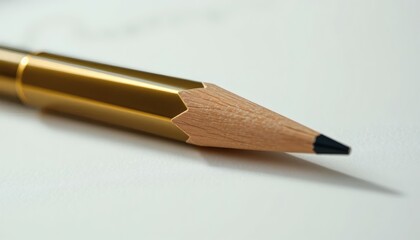Obraz premium Gold Pencil Closeup on White Paper Sharp Tip for Writing or Drawing