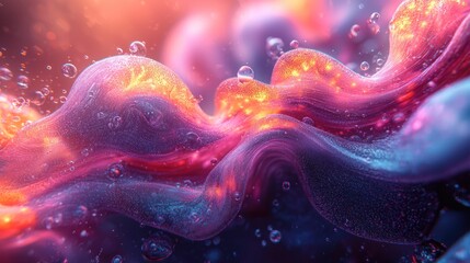 Abstract flowing ribbons with vibrant colors and bubbles