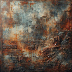 Rusty grunge texture with corroded metal, oxidized surfaces, and a rough industrial finish. Earthy tones and metallic decay.