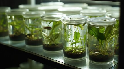Small Glass Jars Holding Green Plants in Controlled Environment Setup