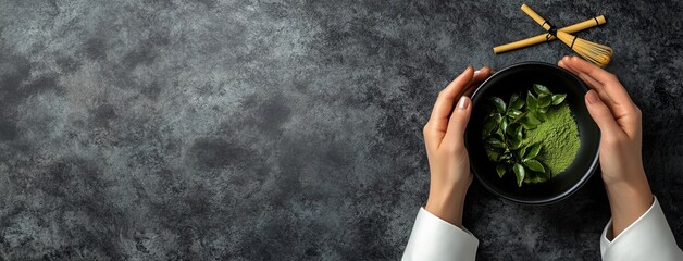 A person is holding a bowl of green food. matcha powder in a black bowl and a bamboo chasen on a grey stone background.