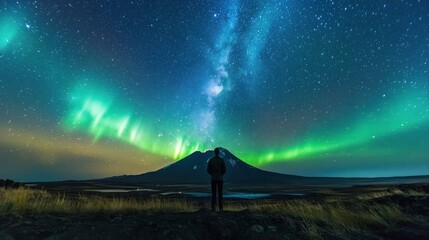 Night sky aurora view, person admires mountain, vast landscape