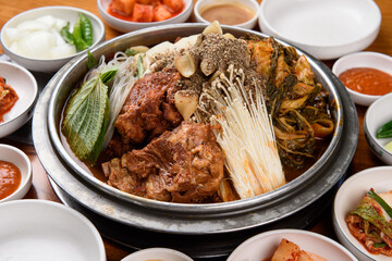 Spicy Kimchi Potato Pork Bone Soup with Various Side Dishes