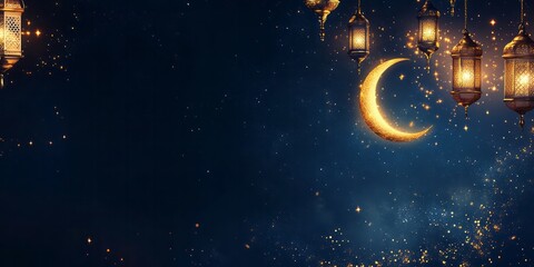 Fototapeta premium Crescent moon and glowing lanterns illuminate a festive night