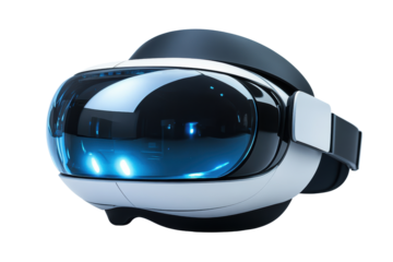 Futuristic virtual reality headset with sleek design and blue lighting effects.