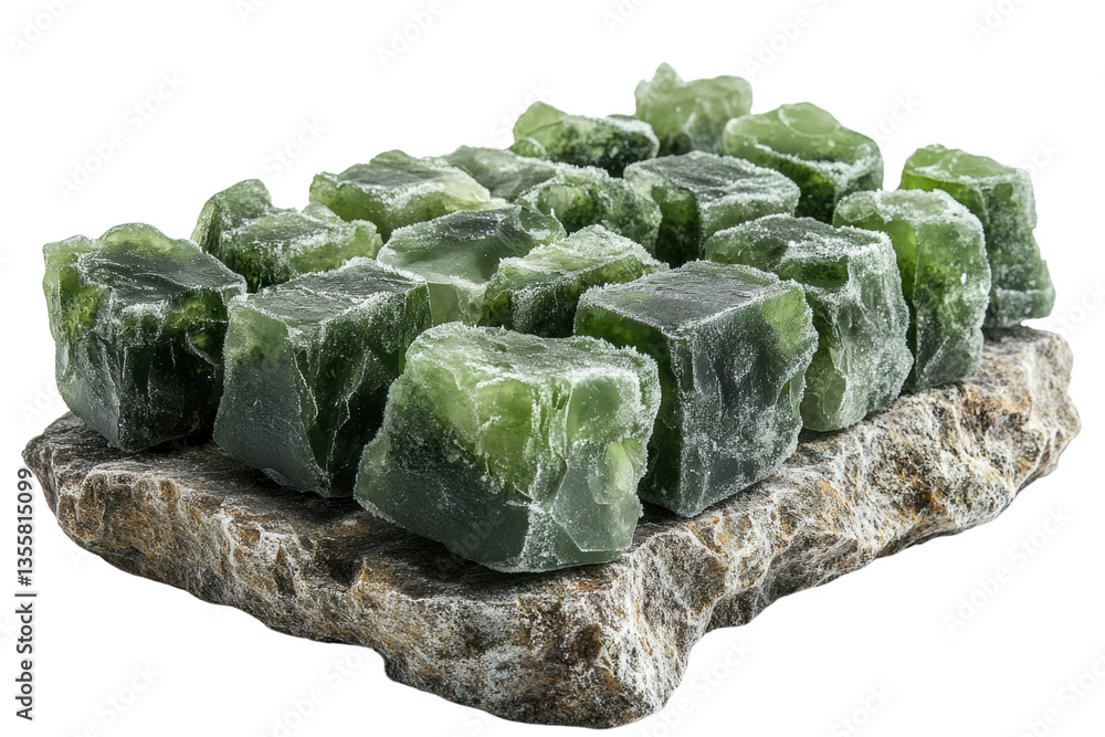 Poster green mineral blocks arranged on a rock base, showcasing natural textures and colors against a white