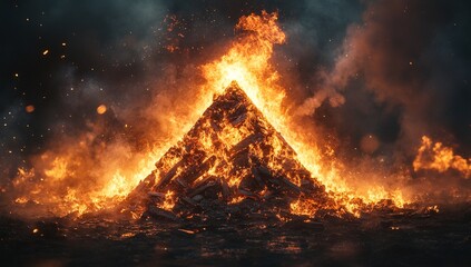 A pyramid of wood engulfed in intense orange flames against a dark night sky.