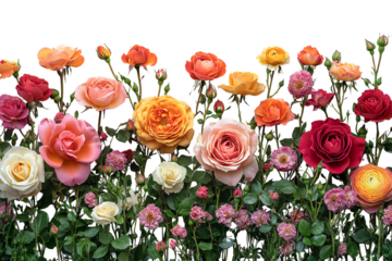 A vibrant array of colorful roses blooming beautifully, showcasing their delicate petals and rich hues against a soft backdrop.