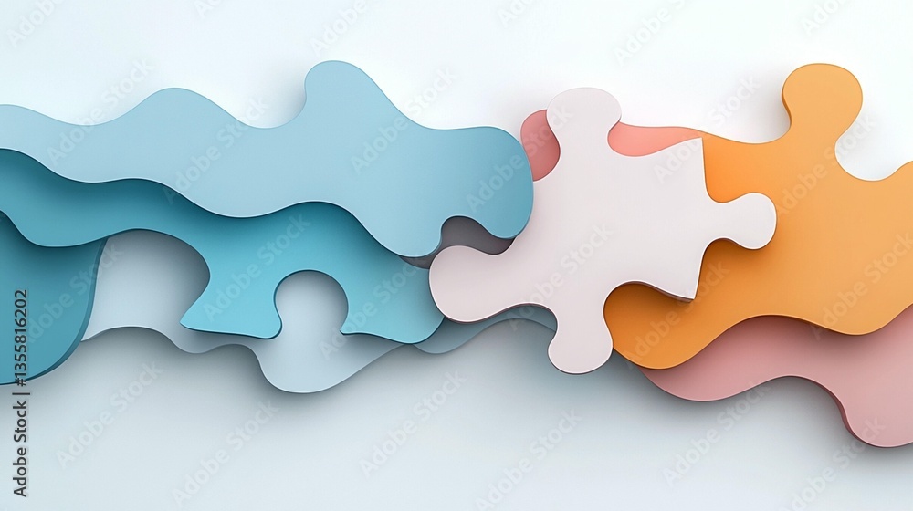 Poster abstract puzzle pieces in pastel colors, interlocking and forming a continuous flow.