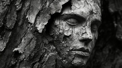 A grayscale close-up of a weathered sculpture embedded in a tree trunk.