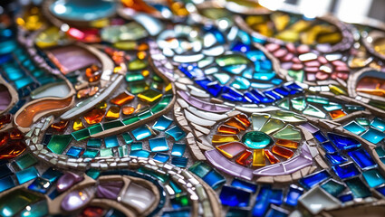 Fototapeta premium Vibrant Mosaic Artwork with Colorful Glass and Ceramic Tiles in Abstract Patterns