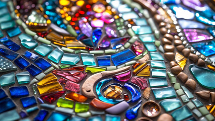 Fototapeta premium Vibrant Mosaic Artwork with Colorful Glass and Ceramic Tiles in Abstract Patterns