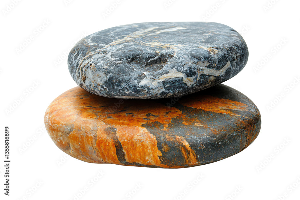 Poster smooth stones stacked together, showcasing unique colors and textures against a white isolate backgr