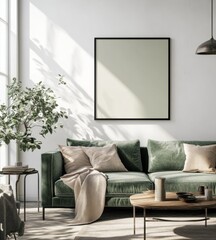 Modern living room with a framed poster, natural light and plants