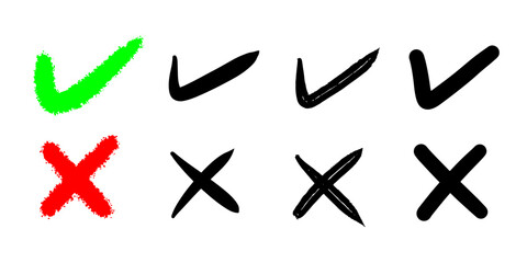 Check mark icon button set. checkmark icons in green tick and red cross. Isolated checkmark symbol, right and wrong sign concept.