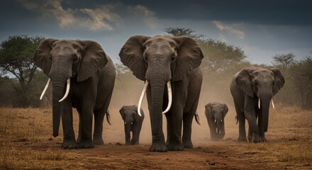 Fototapeta premium Elephant Family Walking in the Wild
