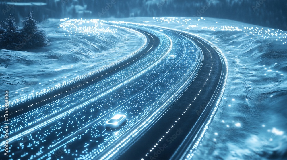 Poster futuristic snowy highway with glowing data stream and car, a digital visualization