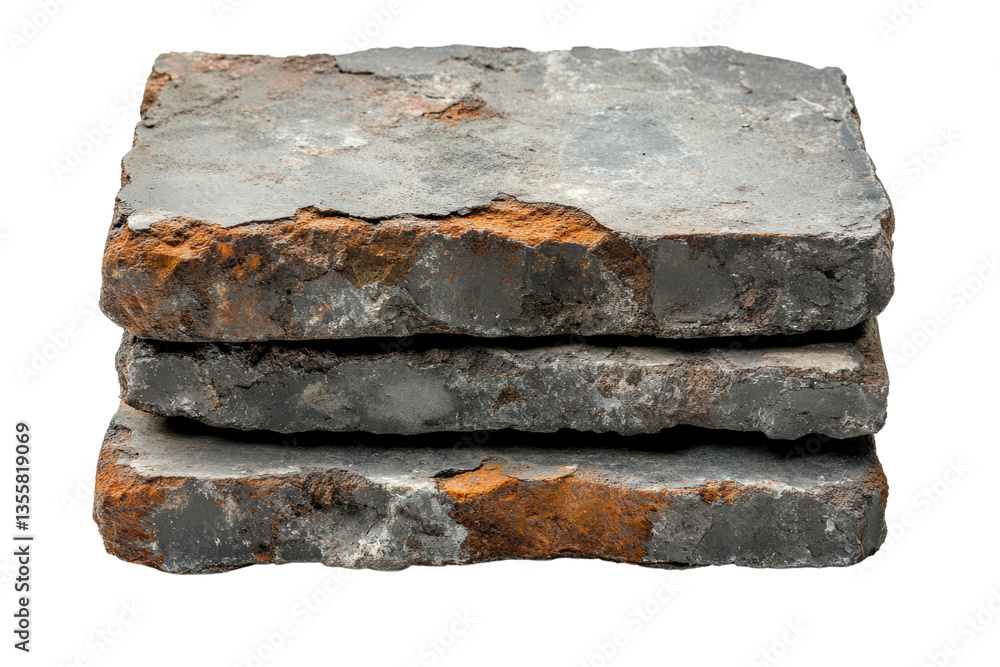 Poster Three stacked weathered slate stones on a white isolated background.