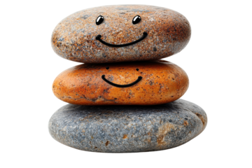 Three stacked stones with smiling faces on a white isolated background.
