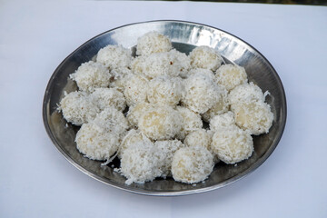 onde-onde or klepon or sesame balls filled with sweet palm sugar, traditional cakes in Indonesia