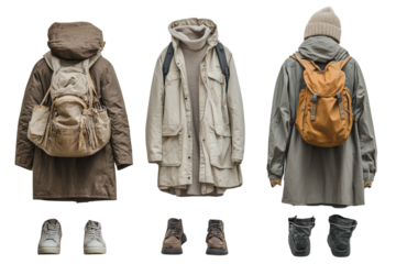 Three stylish outdoor outfits displayed on a white isolated background, showcasing modern fashion and practical design.