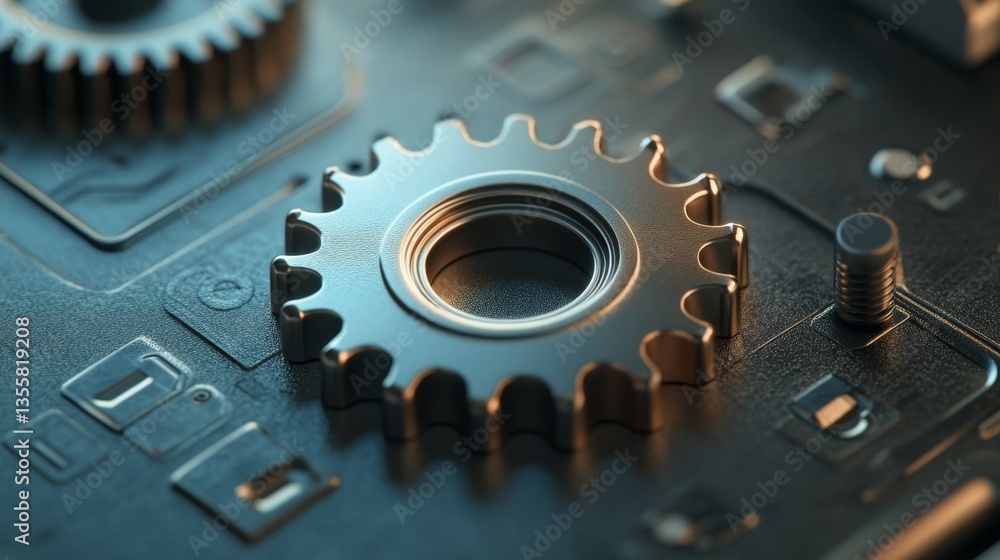 Poster high resolution 3d render of single gear on engine component surface