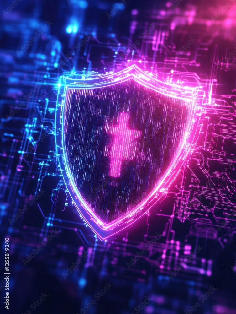 Aufkleber Conceptual representation of digital safety with a glowing shield symbol and futuristic neon lights in a high-tech environment