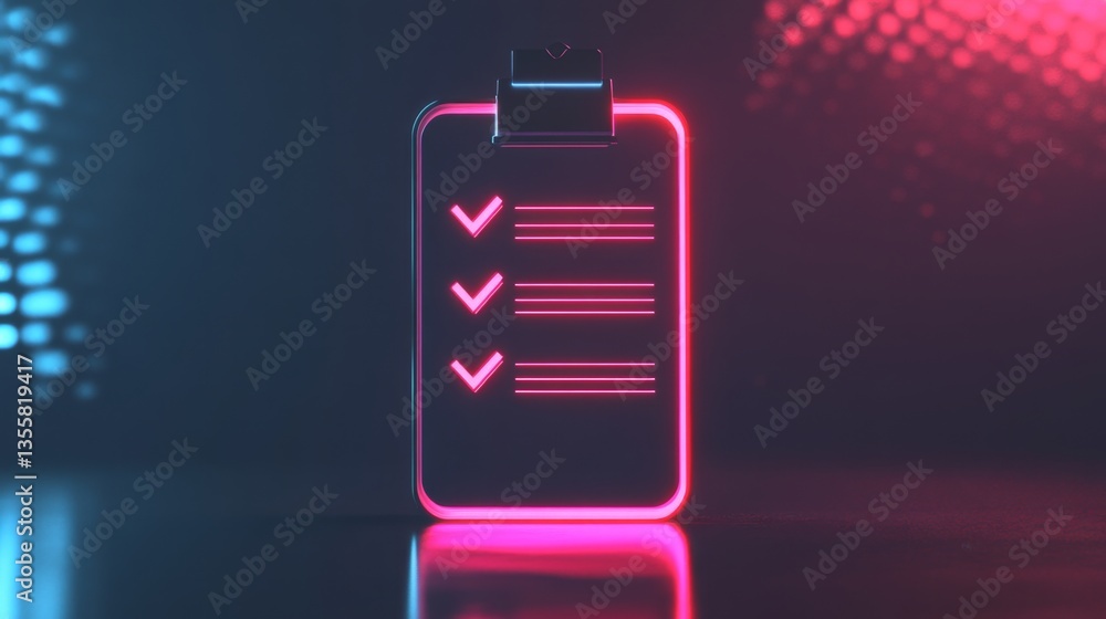 Poster modern 3d rendered icon of checklist notepad with neon effect