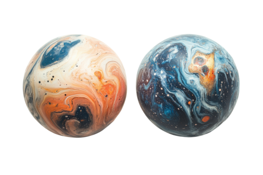 Two colorful planets with swirling patterns on a white isolated background.