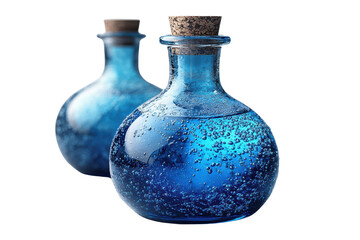 Two elegant glass bottles filled with vibrant blue liquid, featuring bubbles and natural cork stoppers, isolated on a white background.