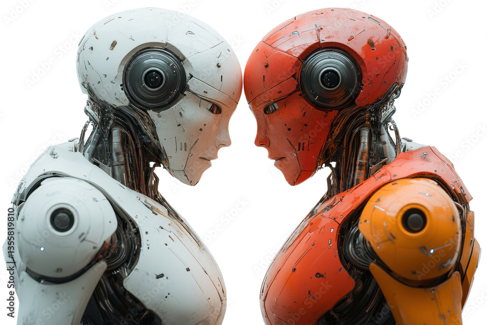 Poster two humanoid robots, one white and one orange, facing each other in a futuristic design against a wh