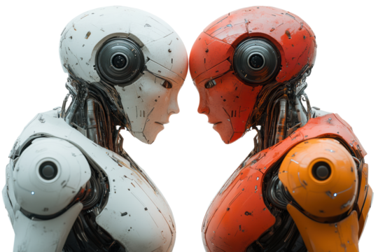 Two humanoid robots, one white and one orange, facing each other in a futuristic design against a white isolated background.