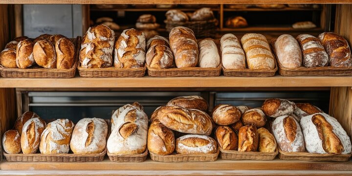 A bakery display case with a variety of breads