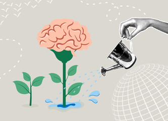 Trendy halftone collage. Cultivation of knowledge that promotes the growth of the mind. Concept of self-improvement, gaining new knowledge, self-development.