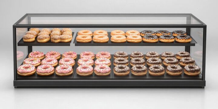 A display case of donuts with a variety of flavors and toppings