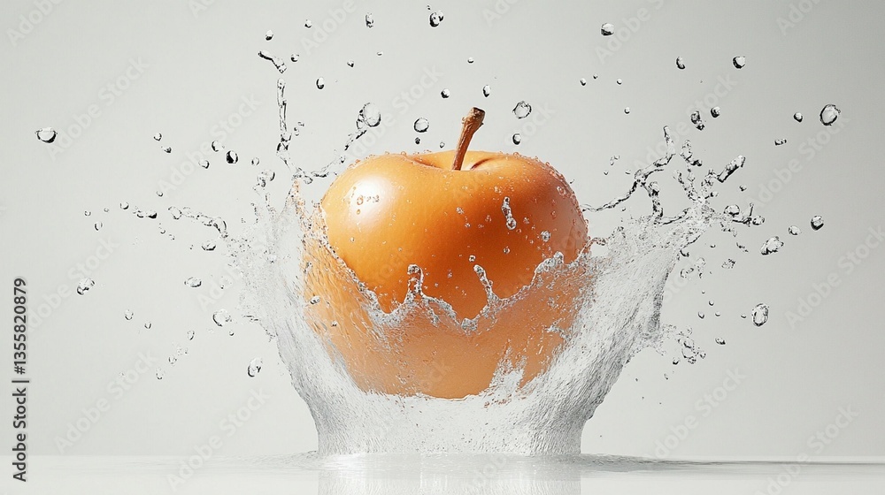Poster an orange apple splashing into clear water, creating a crown-like wave.