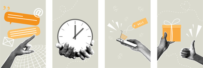Trendy halftone collage. Concepts of communication, time, shopping and delivery. Concepts of online marketing, online advertising, mailing lists, promotion, e-commerce.