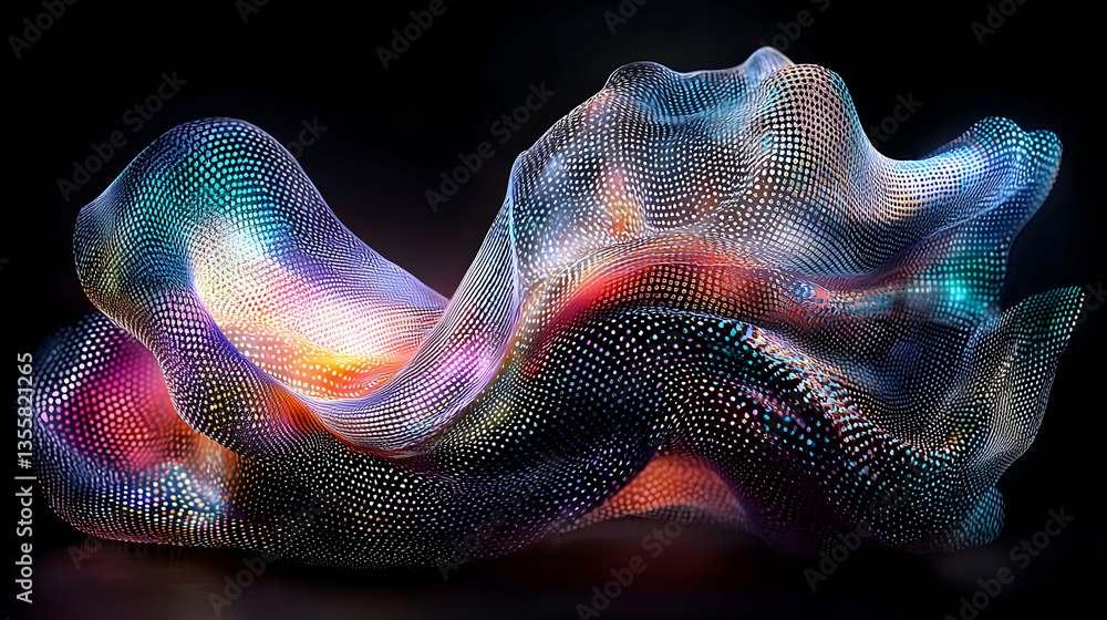 Poster abstract colorful pixelated 3d render of flowing geometric forms on dark background